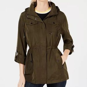 Michael Kors Army Green Anorak Jacket Cinch Waist Hooded  Large Pockets Outdoor